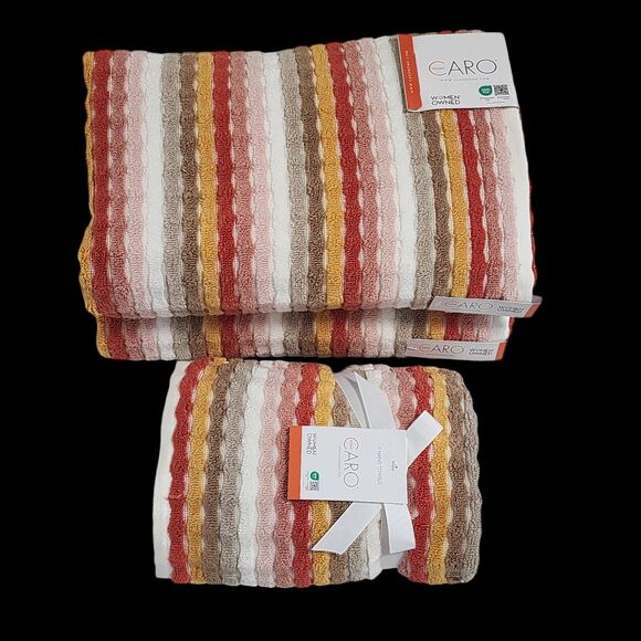 Caro Home 4pc Autumnal Multicolor Striped Cotton Towel Set 2 Bath 2 Hand - Picture 11 of 11